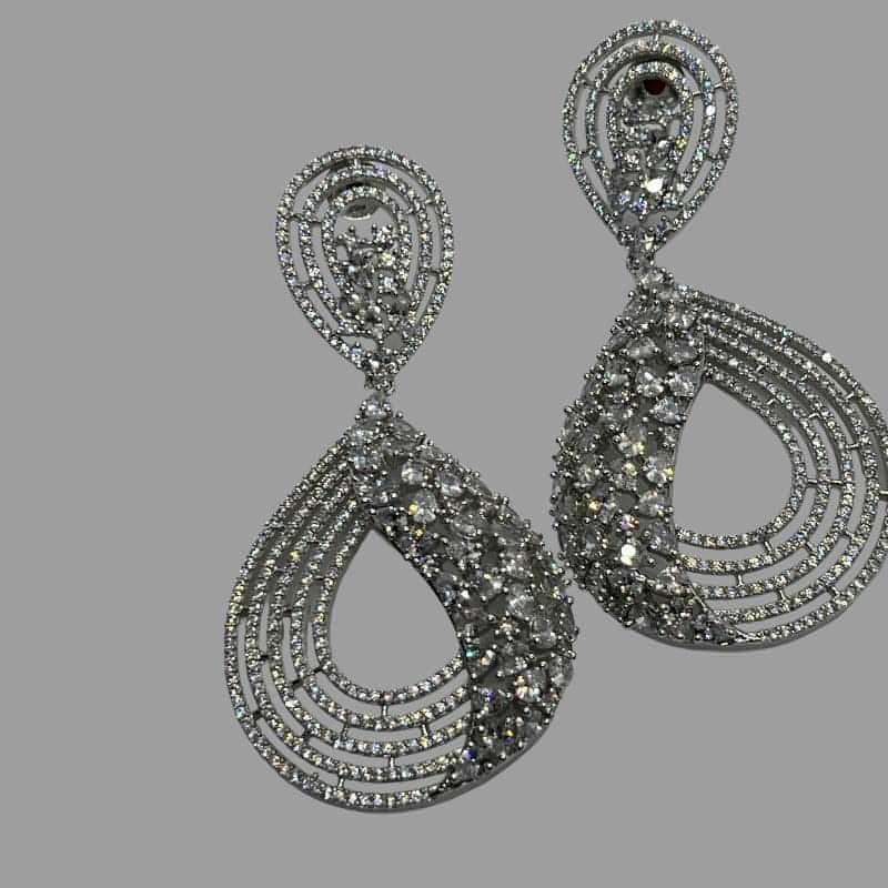 Rhodium Plated Tear Drop Cubic Zirconia Earrings