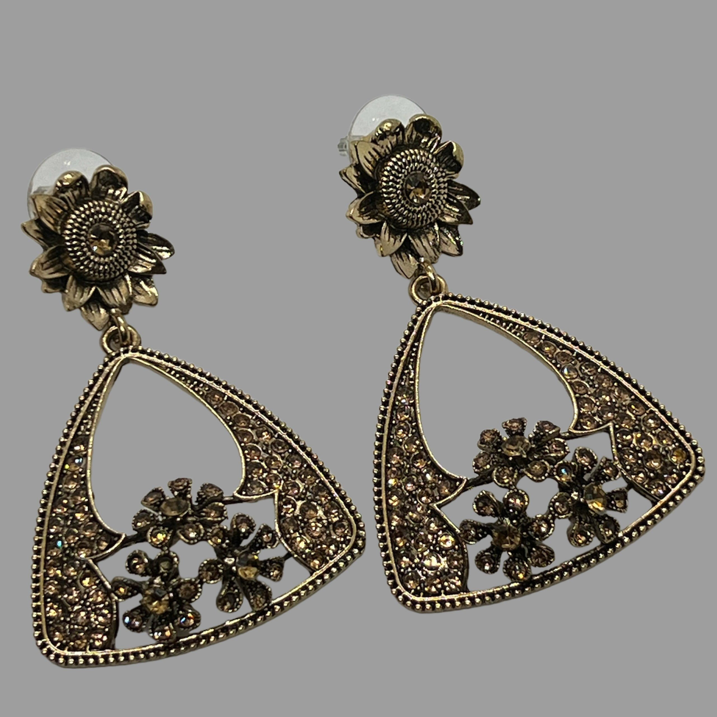 Gōld Rhinestone Floral Drop Earrings