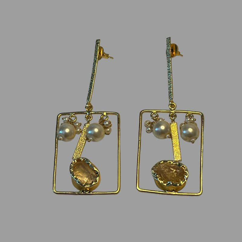 Boucles D'oreilles Pendantes Art Déco Plaquées Or 18K